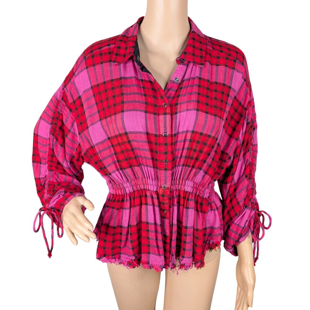 Free People We The Free Pacific Dawn Plaid Snap Top S | Red Pink Ruched Peplum - Picture 4 of 12